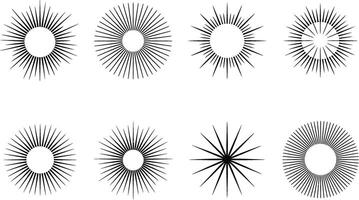 Collection of eight sunburst designs in black and white suitable for various graphic projects vector
