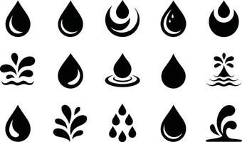 Collection of black water droplet icons and splash graphics design elements for digital use vector