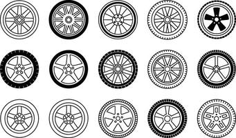Collection of various car wheel designs in outline style suitable for automotive and transportation projects vector