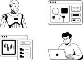 Modern ai and software development concepts represented with clean line art illustrations vector