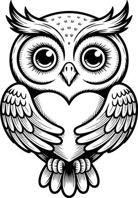 Detailed black and white illustration of a cute owl with large eyes and heart shaped chest