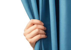 Human hand pulling open a blue curtain, isolated on a transparent background png