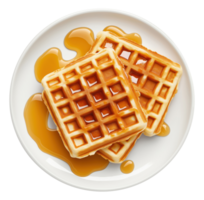 Waffles with syrup on the plate isolated on transparent background, top view png