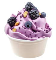 Creamy purple frozen yogurt in white cup topped with fresh blackberries and blueberries png