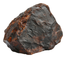 Natural rough iron ore rock specimen with reddish-brown rust coloration and dark surface isolated on transparent background png
