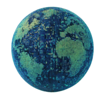 Illustration of a digital earth globe made of pixel blocks, representing data, networks, and technology, isolated on a transparent background png