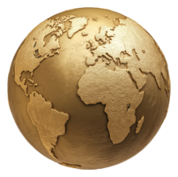 Shiny golden earth globe illustration with a metallic texture, isolated on a transparent background png
