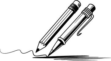 Black and white illustration featuring a pencil and pen creating lines on white surface vector