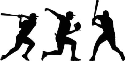 Dynamic silhouettes of baseball players in action performing different baseball activities vector