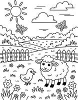Cute farm scene with sheep and chick in a whimsical meadow coloring page for kids vector