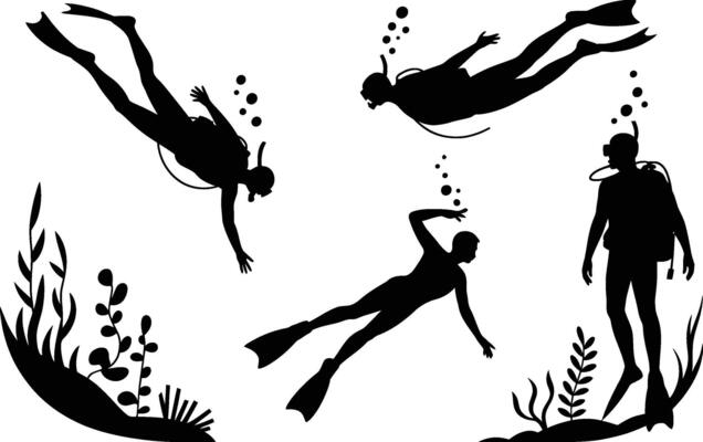 Silhouette illustration of divers swimming underwater with plants and bubbles in black and white