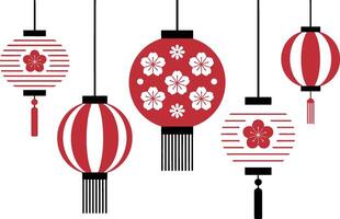 Decorative hanging red lanterns with floral and striped designs on a white background vector