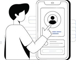 User interacting with mobile phone application representing personal profile or contact information vector