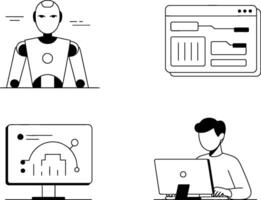 Minimalist illustration of ai technology and data analysis depicting robots and computer interfaces vector