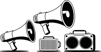 a megaphone, speaker and amplifier are shown in black and white vector