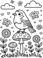 Cute outlined bird sitting on mushroom with butterflies flowers and clouds in springtime vector