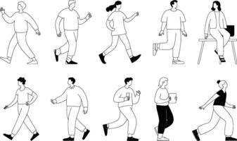 Diverse crowd of people in various poses walking running standing and sitting in black and white vector