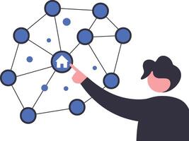 Person pointing at a home symbol interconnected with a network graphic on a white background vector