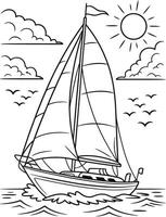 Black and white illustration of a sailboat floating on the ocean with sun and clouds vector