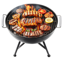 Round charcoal grill filled with sizzling meat cuts and vegetables isolated on transparent background png