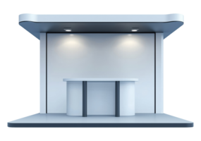 Empty minimalist exhibition stand or trade show booth in light blue color with spotlights, isolated on a transparent background png