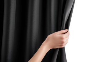 Human hand pulling open a black curtain, isolated on a transparent background png