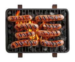 Grilled sausages cooking on rectangular barbecue grill, isolated on transparent background png