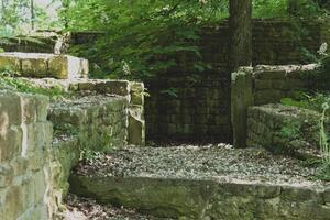 Exploring ancient stone ruins surrounded by lush greenery and dappled sunlight in a tranquil forest setting photo