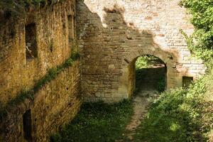 Exploring ancient stone arches surrounded by lush greenery in a serene countryside setting photo