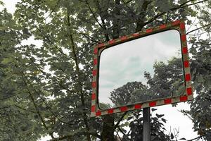 Reflections of nature in a weathered roadside mirror surrounded by lush greenery in a tranquil setting photo
