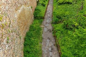 Winding path through lush greenery alongside ancient stone walls invites exploration and adventure photo