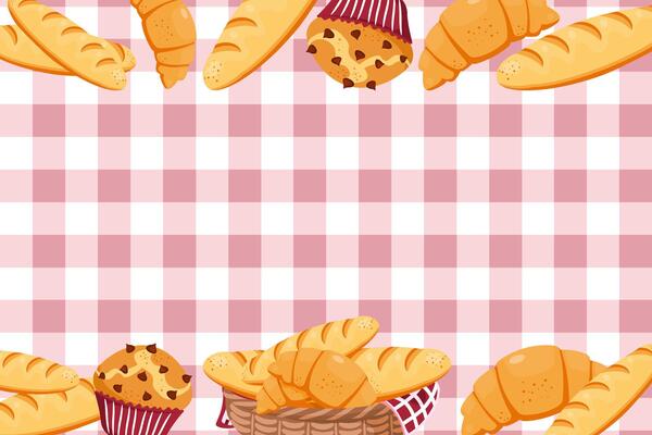 Cartoon croissants and baguettes arranged on a light pink background. Bakery food illustration.