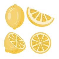 Set of four yellow lemon illustrations, including whole, half, and two slices. Citrus fruit collection. vector