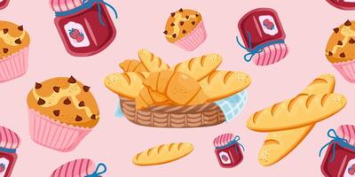 Seamless pattern of cartoon bread baskets with baguettes and croissants on a pink background. Ideal for fabric, packaging, background and paper wrapping. vector