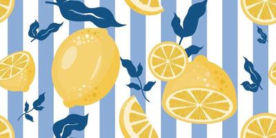 Seamless lemon pattern with blue striped background, perfect for summer design, packaging, textile, or wrapping paper. vector