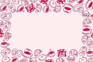 Cute breakfast line art border with croissants, donuts, coffee, and more on a pink background. Ideal for menus, invitations, and food related designs. vector