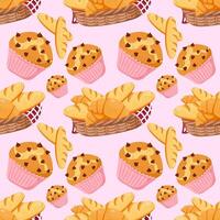 Seamless pattern of cartoon muffins, baguettes, croissants, and bread baskets on a pink background. Bakery design. vector