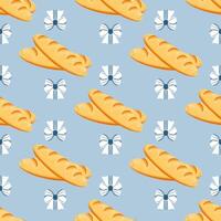 Seamless pattern of cartoon baguettes and decorative white bows on a light blue background. French bakery design. vector