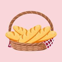 A charming wicker bread basket overflowing with golden baguettes, perfect for picnic, bakery, or culinary themes. vector