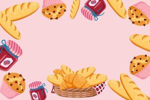 A illustration featuring a frame of various bakery items on a pink background. Perfect for menus or flyers. vector