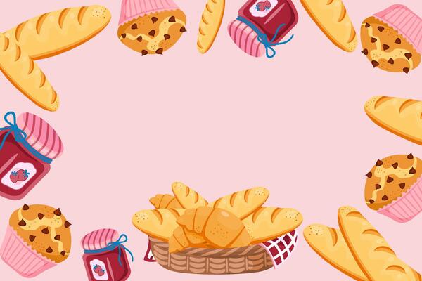 A illustration featuring a frame of various bakery items on a pink background. Perfect for menus or flyers.