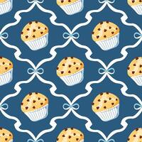 Seamless pattern with chocolate chip muffin and blue bows on blue background. vector