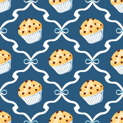 Seamless pattern with chocolate chip muffin and blue bows on blue background.