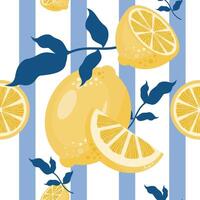 Seamless pattern of yellow lemons, slices, and blue leaves on blue and white stripes background. Citrus fruit repeat design. Perfect for summer design, packaging, fabric, textile and paper wrapping. vector