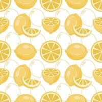 Seamless pattern of yellow lemons and lemon slices with white outlines on a white background. Citrus fruit repeat. Perfect for summer design, packaging, fabric, textile and paper wrapping. vector