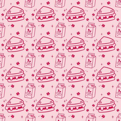 Seamless pattern of milk and sandwich with cute line art on pink background, perfect for food packaging, fabric, paper wrapping.