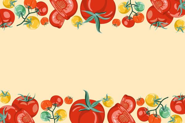 Tomato border background with red and yellow tomatoes. Perfect for recipes, fresh food, or healthy eating themes.
