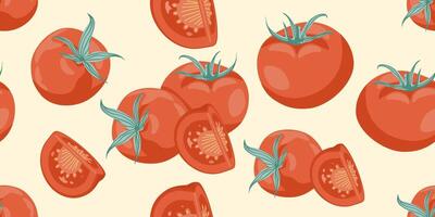 Seamless pattern of red cartoon tomatoes and slices on a light background. Vegetable repeat design. Perfect for packaging, fabric, textile and wallpaper. vector