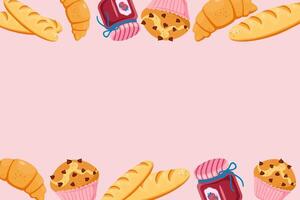 Cartoon bakery items on a pale pink background include bread baskets, baguettes, croissants, jam, and a muffin. vector