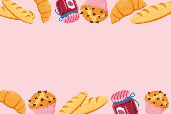 Cartoon bakery items on a pale pink background include bread baskets, baguettes, croissants, jam, and a muffin.